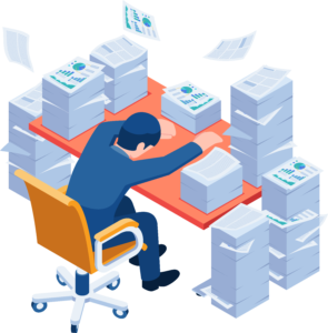 Isometric businessman sleep at desk with the pile of document